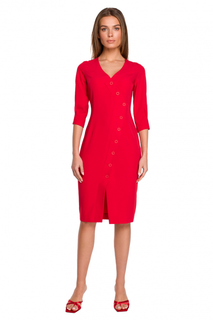 Sukienka Midi Dopasowana Asymetryczna Na Zakładkę - czerwona